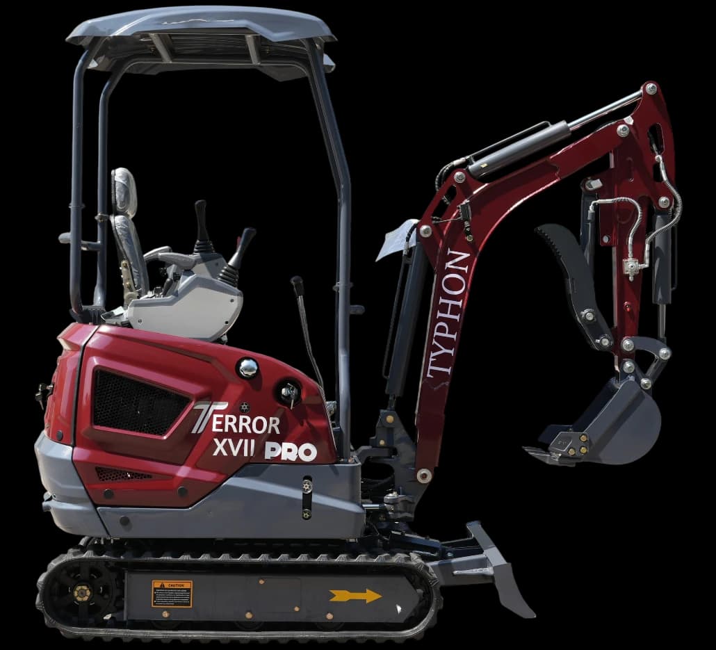 Red TYPHON TERROR XVII Pro 3,800 lb open canopy mini excavator