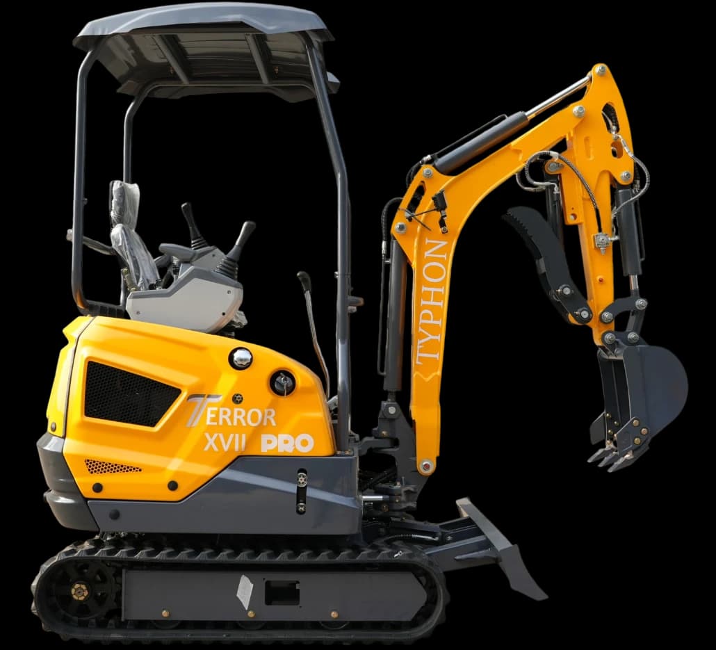 Yellow TYPHON TERROR XVII Pro 3,800 lb open canopy mini excavator