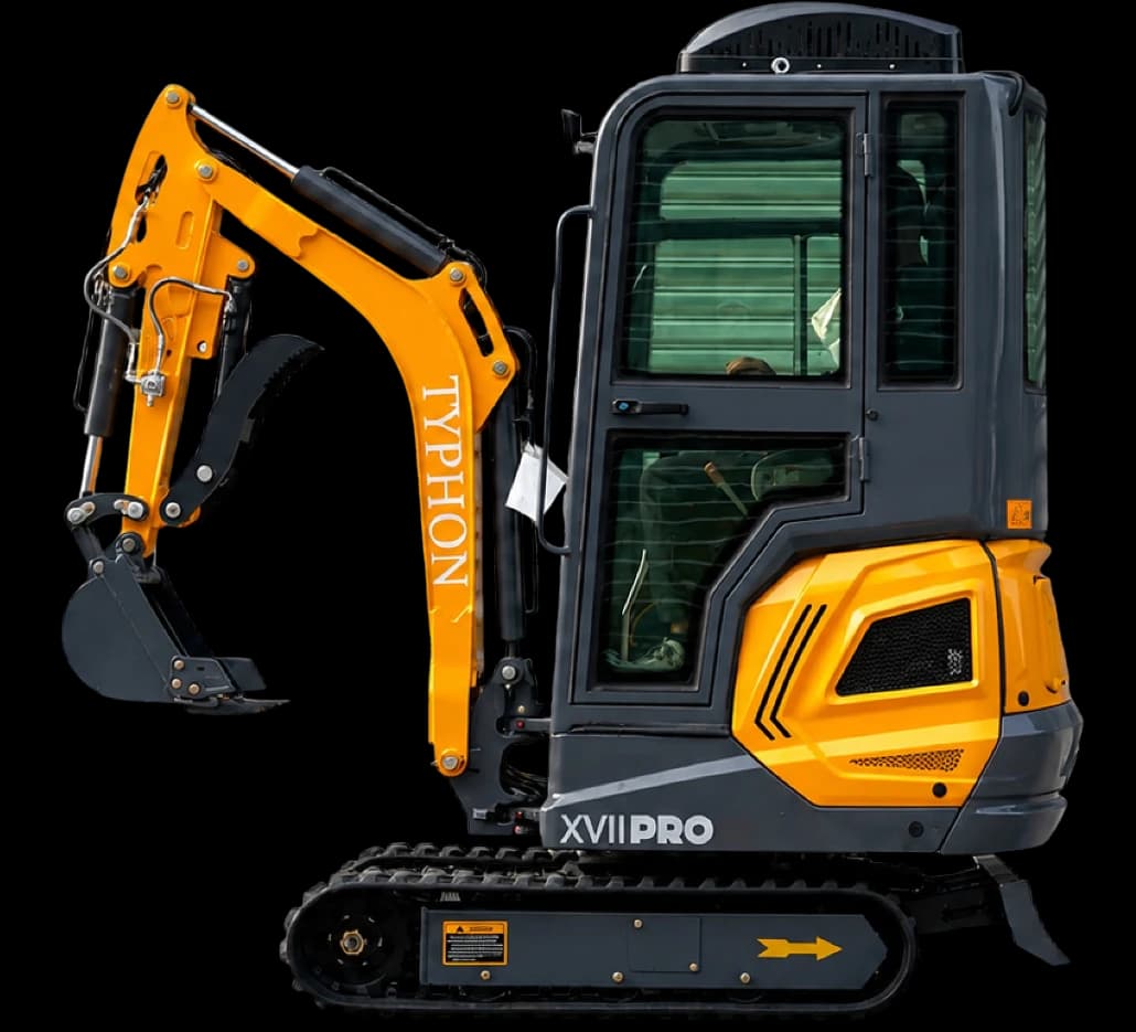 Yellow TYPHON TERROR XVII Pro 4,000 lb enclosed cabin mini excavator with AC and heater