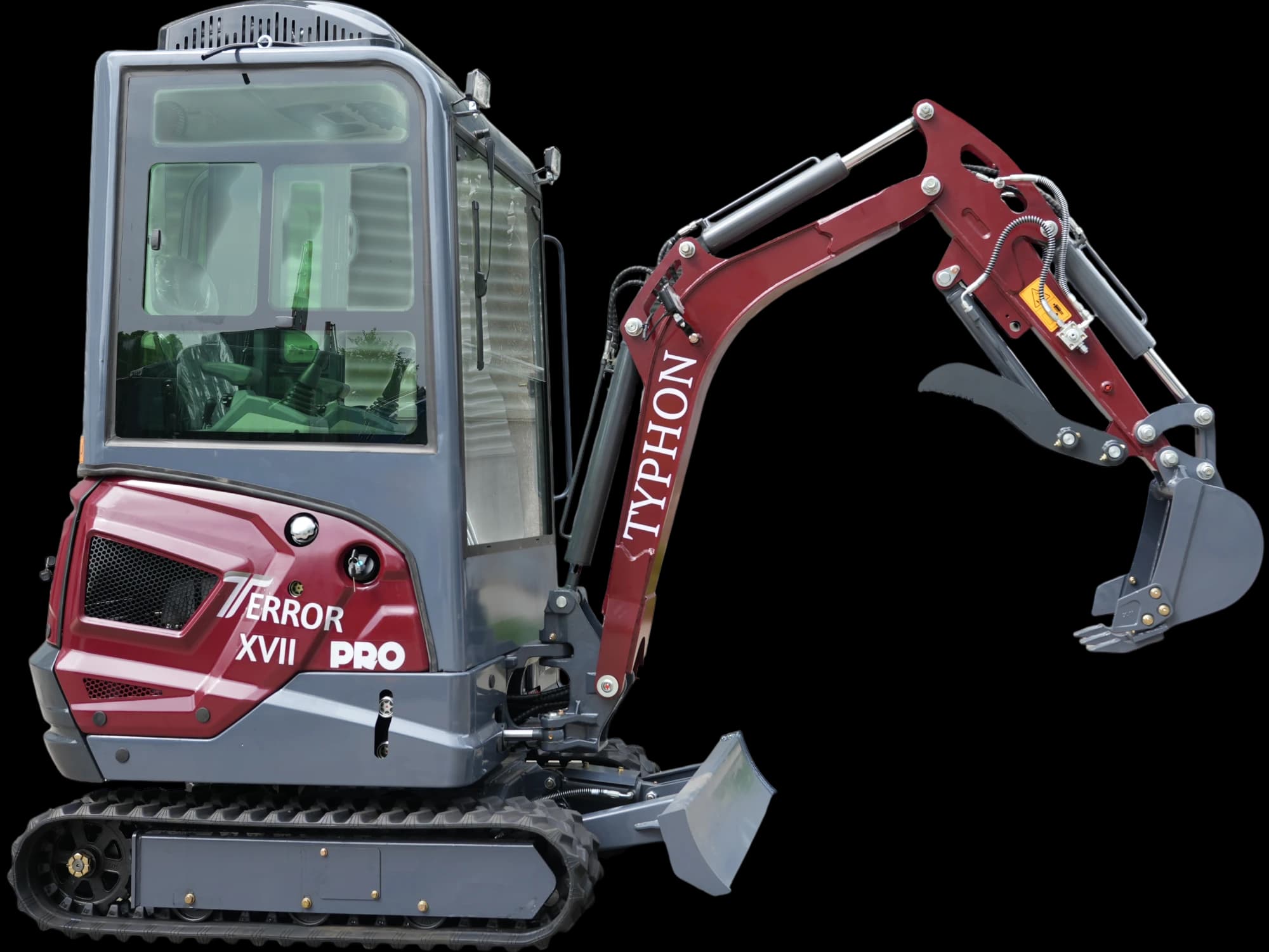 Red TYPHON TERROR XVII PRO enclosed cabin mini excavator